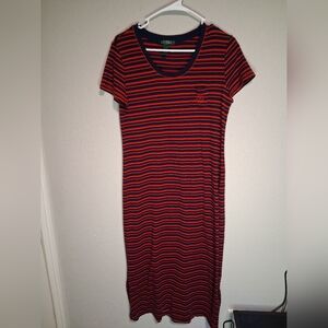 Lauren Ralph Lauren Red Navy Striped T-Shirt Maxi Dress Size L Cotton Stretch